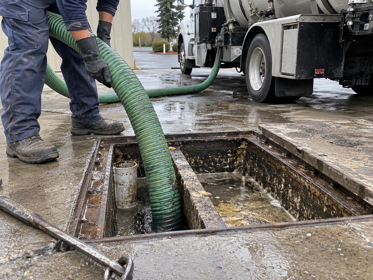 Vacuum truck pumping out an in-ground grease interceptor through an open lid